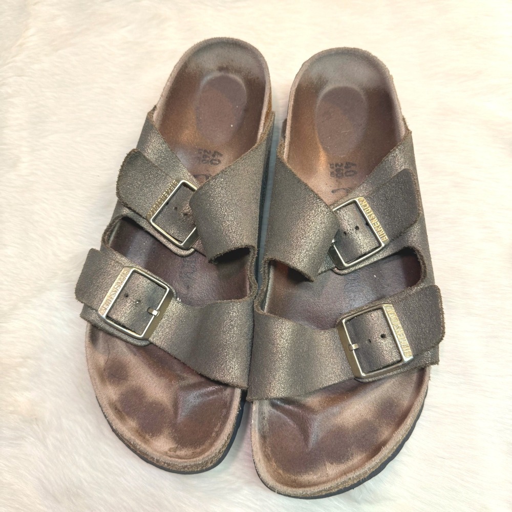 Birkenstock Arizona Sandals Women 40 Brown Metallic Gold Suede Two Strap Leather
